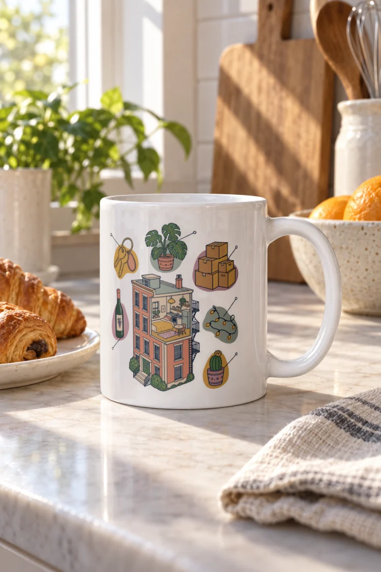 AI-generated image of the Anatomy of an Apartment Housewarming Mug in White in a styled setting.