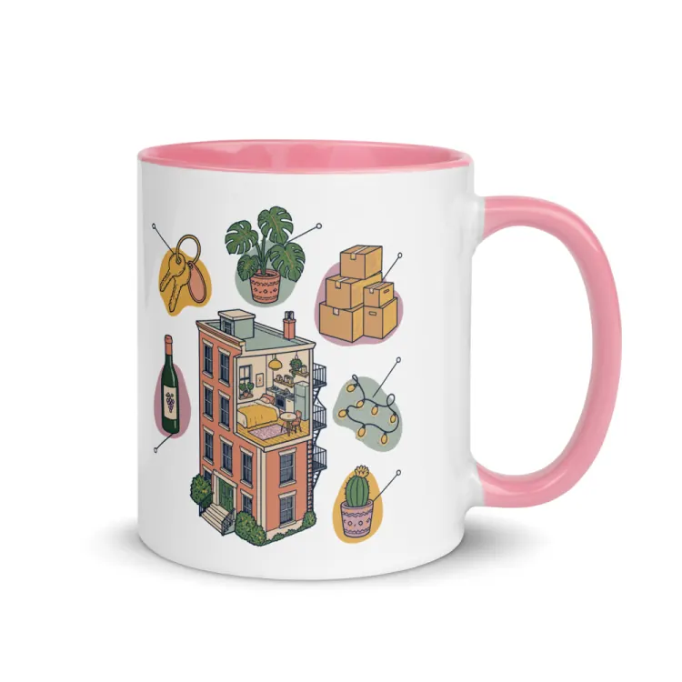 The Anatomy of an Apartment Housewarming Mug in Pink inside.