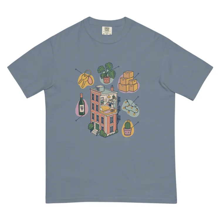 The Anatomy of an Apartment Housewarming Tee in Blue Jean.