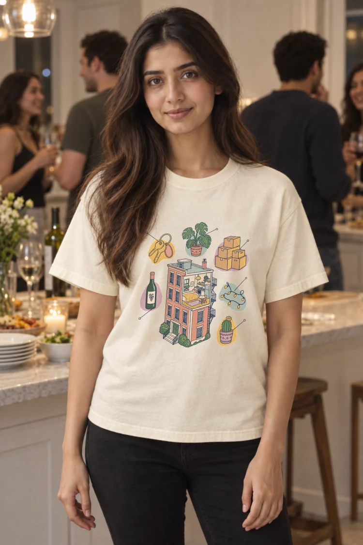 AI-generated image of a fictional model wearing the Anatomy of an Apartment Housewarming Tee in Ivory, size S, at 5′3″ tall.