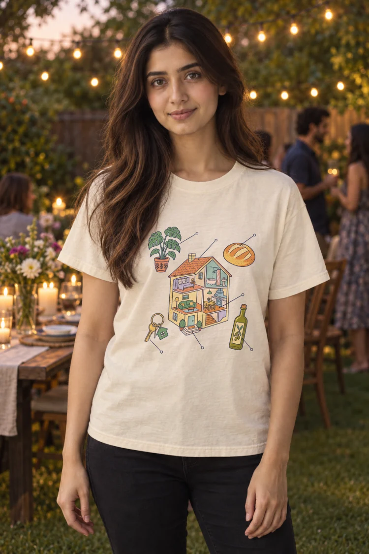 AI-generated image of a fictional model wearing the Anatomy of a Housewarming Tee in Ivory, size S, at 5′3″ tall.