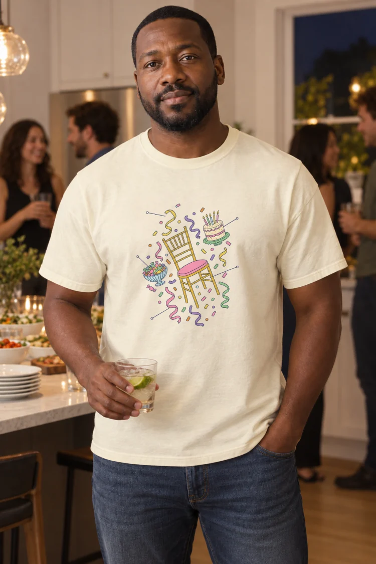 AI-generated image of a fictional model wearing the Anatomy of a Mitzvah Party Tee in Ivory, size L, at 6′1″ tall.
