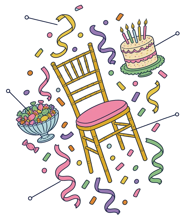Print artwork: a gold party chair with a pink cushion floating up in the air, tipped at an angle, with curling streamers in pink, purple, yellow and green, falling confetti, a glass bowl of wrapped candy and a small layered birthday cake with candles floating around it. Thin label lines with small open circles at their ends point to each part.