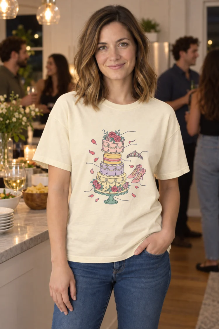 AI-generated image of a fictional model wearing the Anatomy of a Quinceañera Tee in Ivory, size S, at 5′5″ tall.