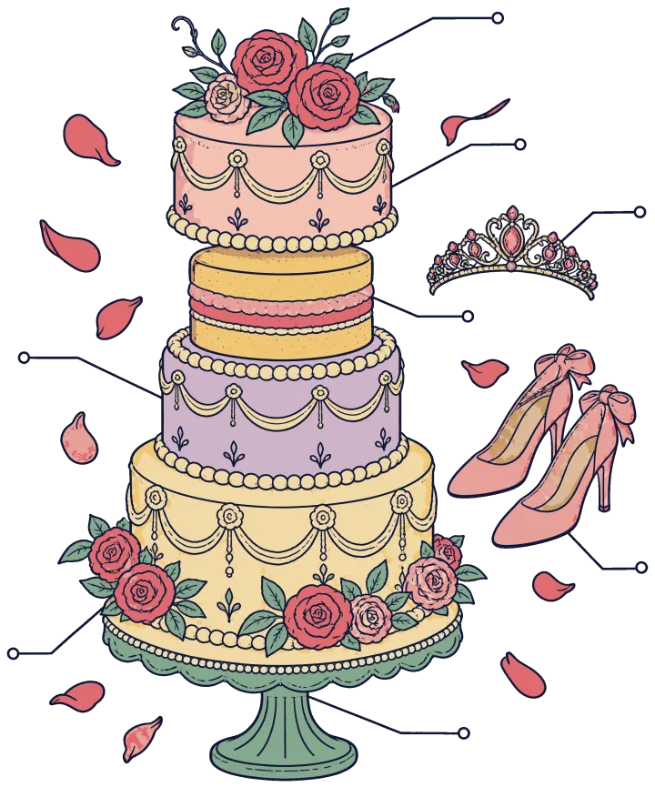 Print artwork: a tall three-tier quinceañera cake in peach, lavender and cream with sugar roses, its top tier lifted away to show the layers inside, a jeweled tiara and a pair of pink satin heels with bows floating beside it, and rose petals falling. Thin label lines with small open circles at their ends point to each part.