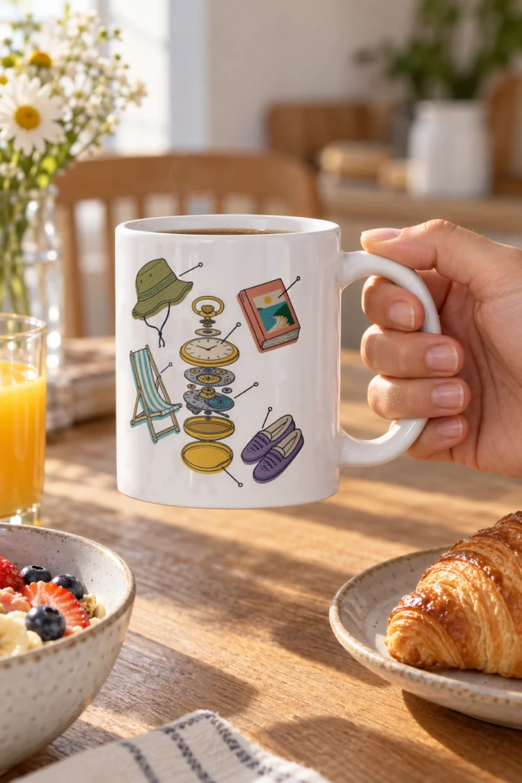 AI-generated image of the Anatomy of a Retirement Mug in White in a styled setting.