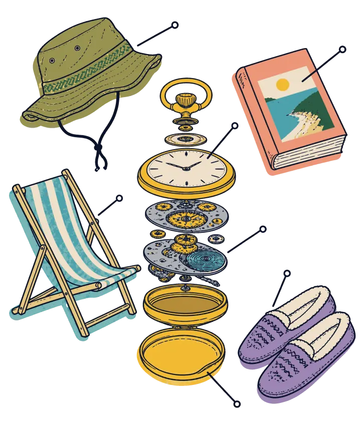 Print artwork: a gold pocket watch opened and taken apart into its gears and cases, with a green bucket hat, a paperback with a beach on the cover, a striped deck chair and a pair of purple slippers floating around it. Thin label lines with small open circles at their ends point to each part.