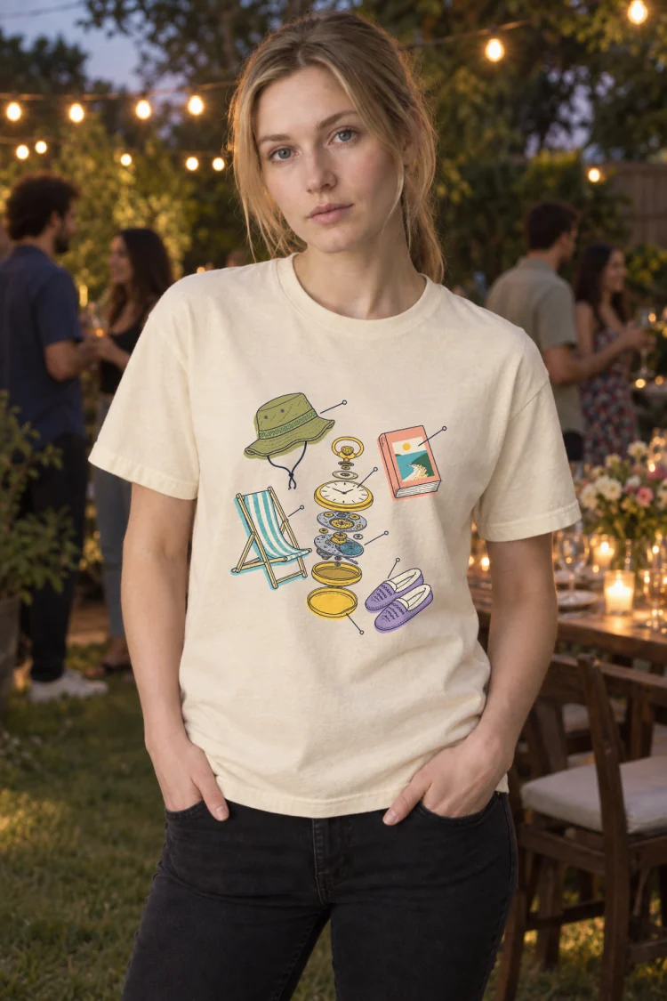AI-generated image of a fictional model wearing the Anatomy of a Retirement Tee in Ivory, size S, at 5′7″ tall.