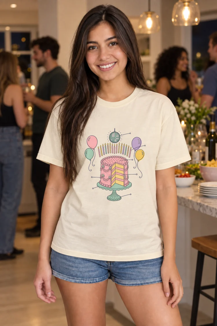AI-generated image of a fictional model wearing the Anatomy of a Sweet Sixteen Tee in Ivory, size S, at 5′4″ tall.