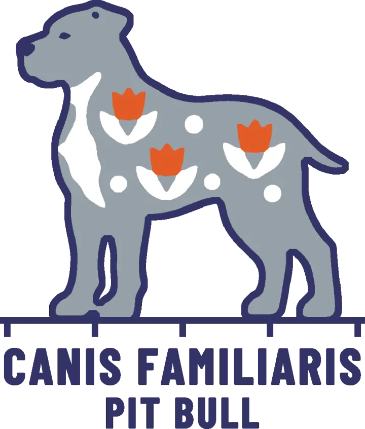 Embroidery artwork: a blue-grey pit bull standing easy in side profile, facing left, with a white chest and half-folded ears. Its grey coat carries three orange tulips on white leaves and a scatter of white dots, and the whole dog is outlined in navy. It stands on a navy measuring rule over the words CANIS FAMILIARIS and PIT BULL.