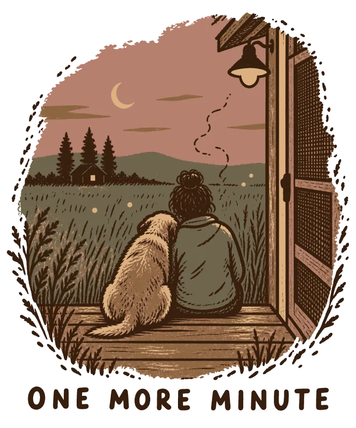 Print artwork: a person with their hair in a bun and a golden dog sitting side by side on a wooden back step at dusk, seen from behind. A porch lamp hangs over an open screen door, and past them a field of tall grass runs to pines and a small house under a pink sky and a crescent moon, with a few fireflies. Below, in spaced brown capitals: One more minute.