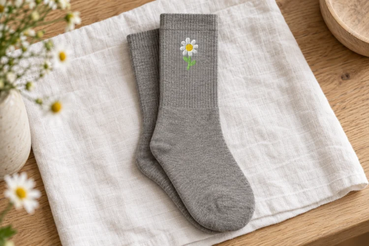 AI-generated image of the Pressed Daisy Socks in Heather Grey, folded on a table, its embroidery facing up.