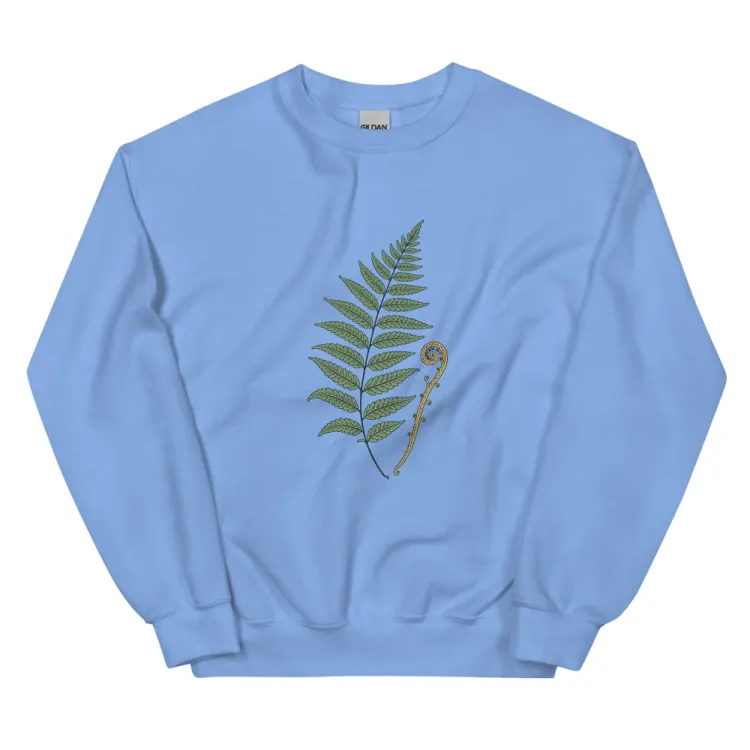 The Pressed Fern Crewneck in Carolina Blue.