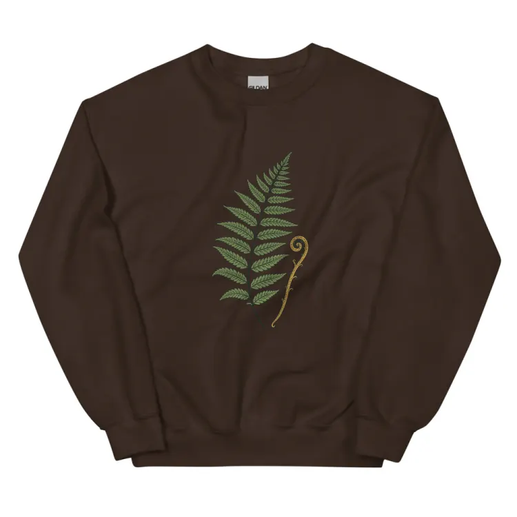The Pressed Fern Crewneck in Dark Chocolate.