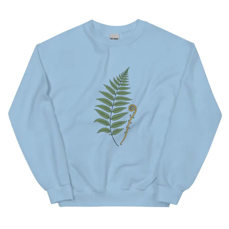 The Pressed Fern Crewneck in Light Blue.