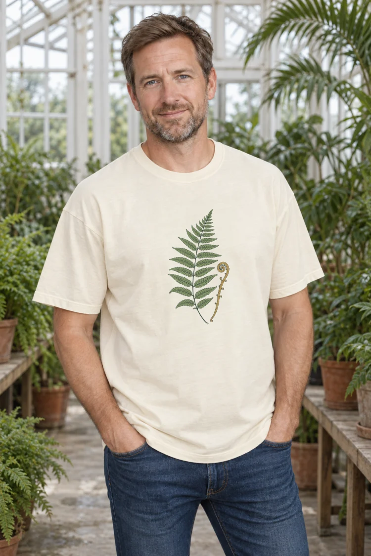 AI-generated image of a fictional model wearing the Pressed Fern Tee in Ivory, size XL, at 5′11″ tall.