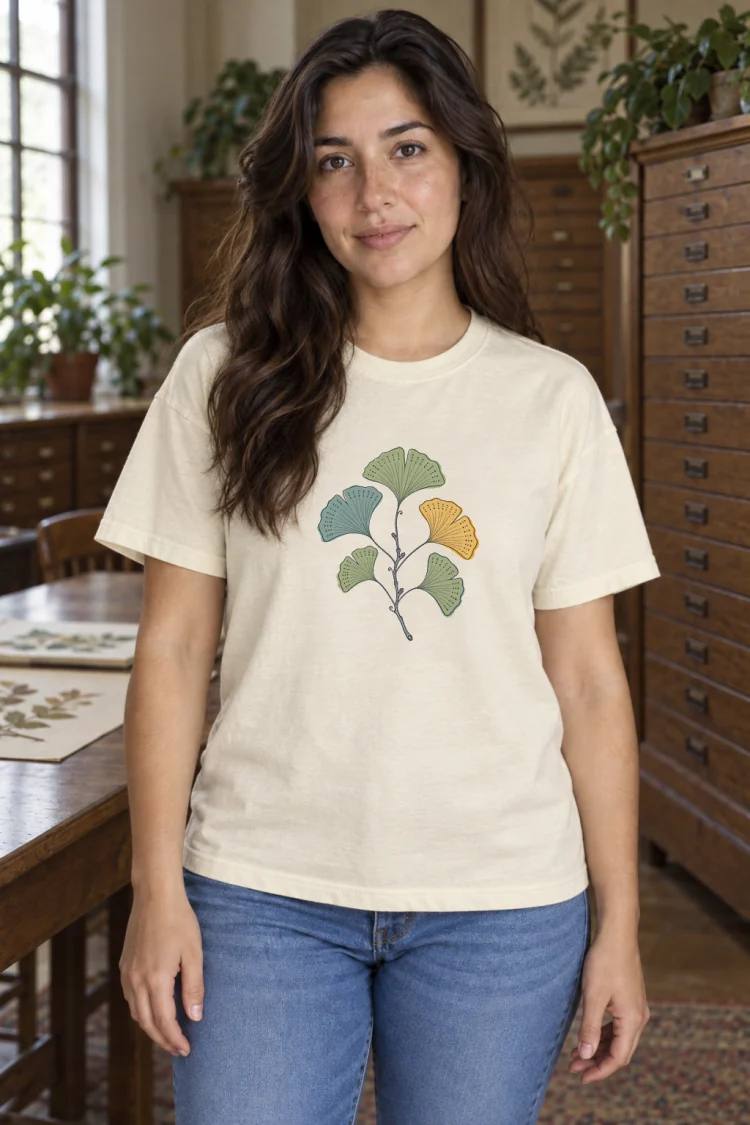 AI-generated image of a fictional model wearing the Pressed Ginkgo Tee in Ivory, size M, at 5′4″ tall.