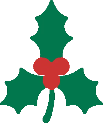 Embroidery artwork: a holly sprig: three dark green leaves with broad rounded points, joined at a short curving stem, with a cluster of three round red berries where they meet, in flat solid colour with no outline.