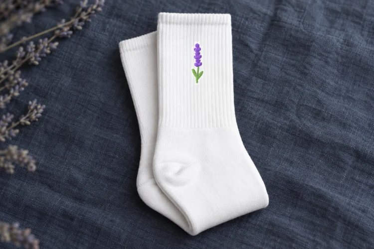 AI-generated image of the Pressed Lavender Socks in White, folded on a table, its embroidery facing up.