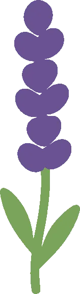 Embroidery artwork: a sprig of lavender: a spike of plump purple buds in uneven pairs on a sage green stem, with two narrow leaves near its base, in flat solid colour with no outline.