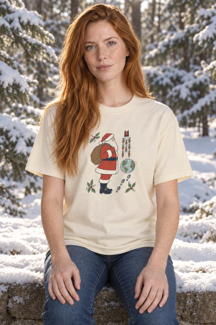 AI-generated image of a fictional model wearing the Santa Field Guide Tee in Ivory, size S, at 5′6″ tall.
