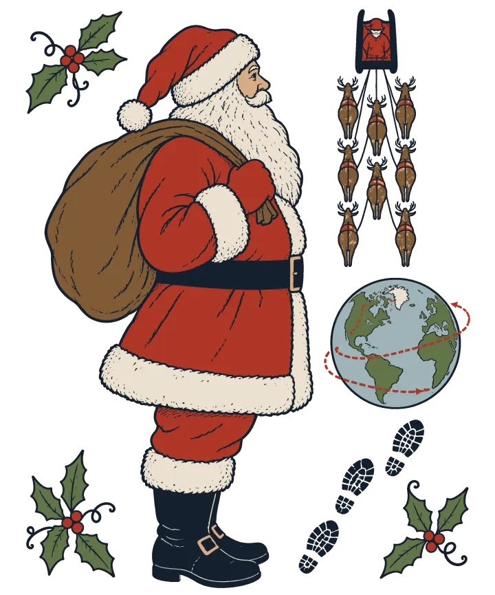 Print artwork: Santa Claus standing in side profile, facing right, in a red coat and hat with white fur trim, a black belt and black boots, with a long white beard and a brown sack over his shoulder. Around him, smaller: his sleigh and eight reindeer seen from above as a small diagram, a globe with a dotted red route looping around it, a trail of black boot prints, and three sprigs of holly with red berries.