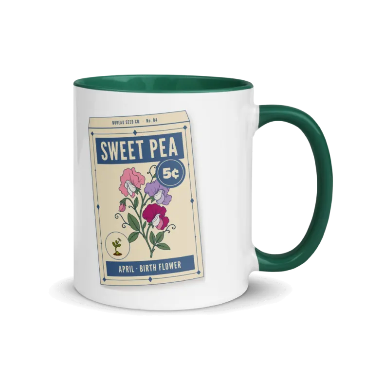 The April Sweet Pea Birth Flower Mug in Dark Green inside.