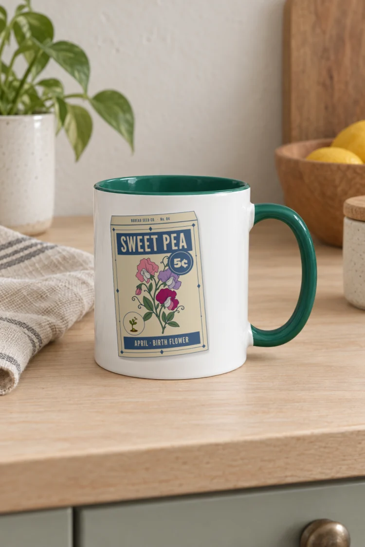 AI-generated image of the April Sweet Pea Birth Flower Mug in Dark Green inside in a styled setting.