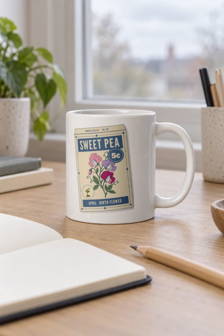 AI-generated image of the April Sweet Pea Birth Flower Mug in White in a styled setting.