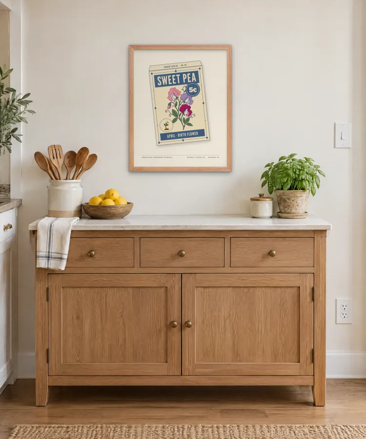 The April Sweet Pea Birth Flower Framed Print in Red Oak. This room is an AI-generated scene. The frame and the print in it are the real product: the frame is the maker's own render and the print is the actual art file.