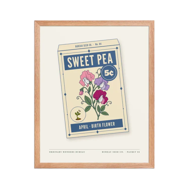 The April Sweet Pea Birth Flower Framed Print in Red Oak.