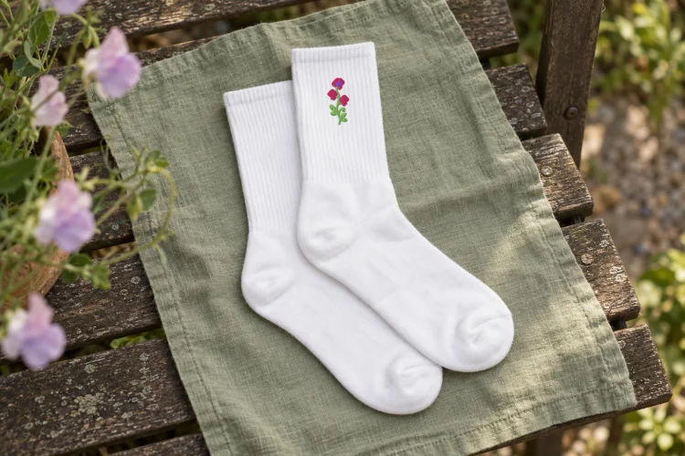 AI-generated image of the April Sweet Pea Birth Flower Socks in White, folded on a table, its embroidery facing up.