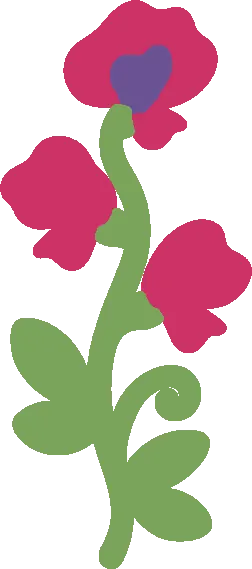 Embroidery artwork: a sprig of sweet pea: three ruffled pink flowers up a curving sage green stem, the top one with a purple heart, with rounded leaves and a curling tendril, in flat solid colour with no outline.