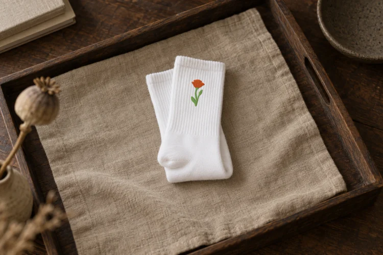 AI-generated image of the August Poppy Birth Flower Socks in White, folded on a table, its embroidery facing up.