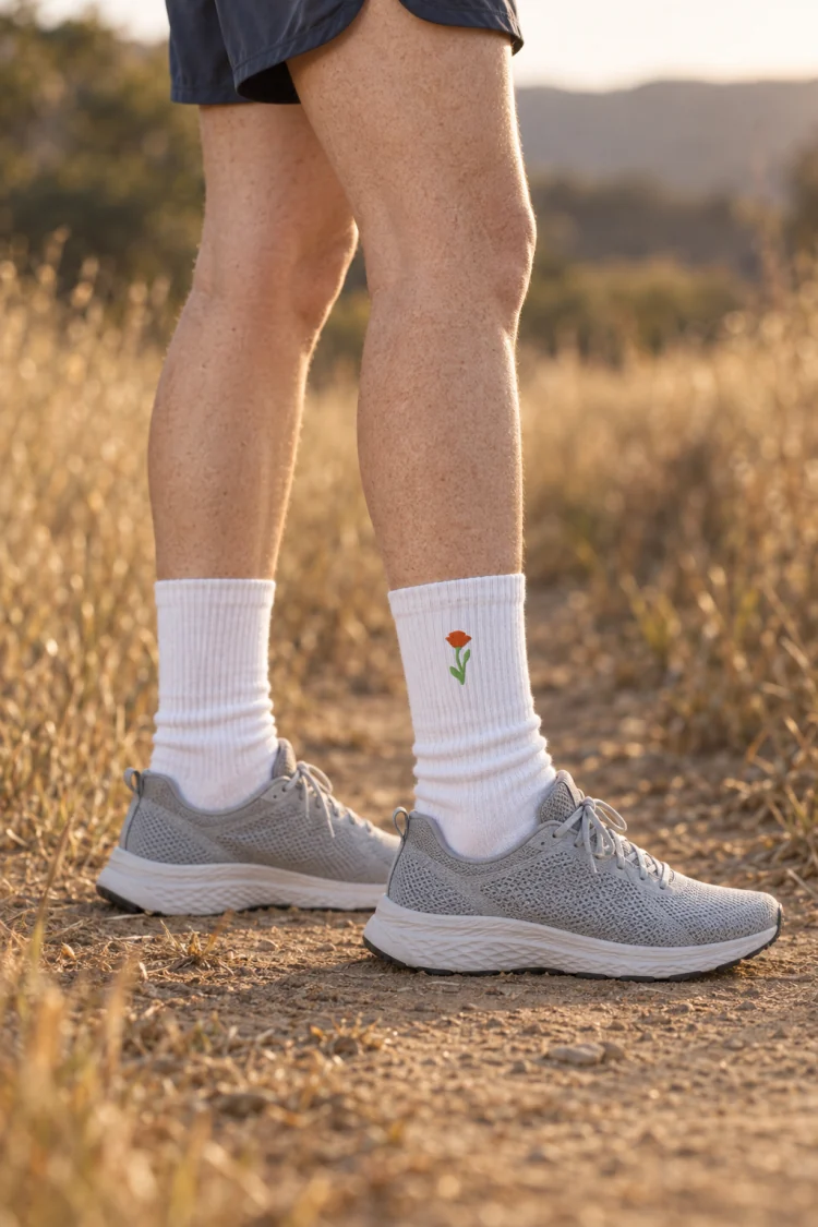 AI-generated image of the August Poppy Birth Flower Socks in White, worn with a dry golden meadow trail at late afternoon.