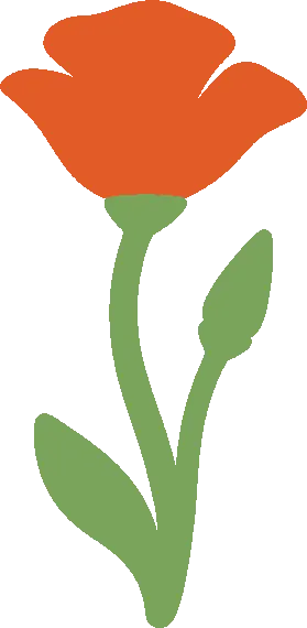 Embroidery artwork: an orange California poppy seen from the side, a cup of broad petals on a curving sage green stem, with a slender closed bud on its own short stem and one narrow leaf, in flat solid colour with no outline.