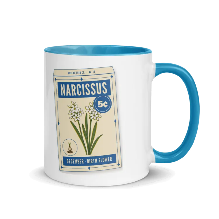 The December Narcissus Birth Flower Mug in Blue inside.