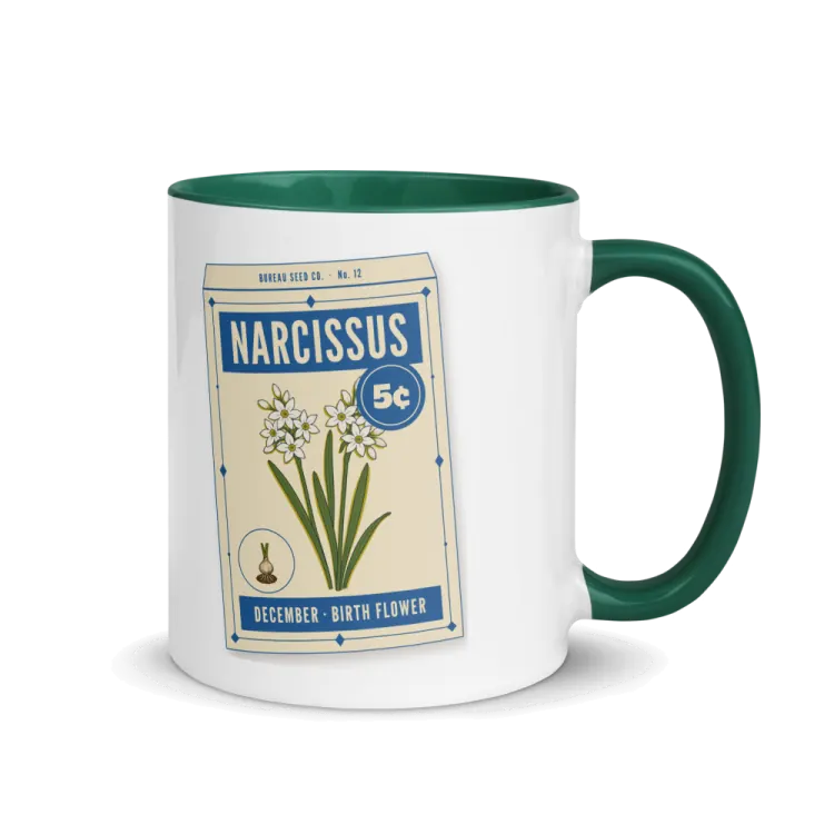 The December Narcissus Birth Flower Mug in Dark Green inside.