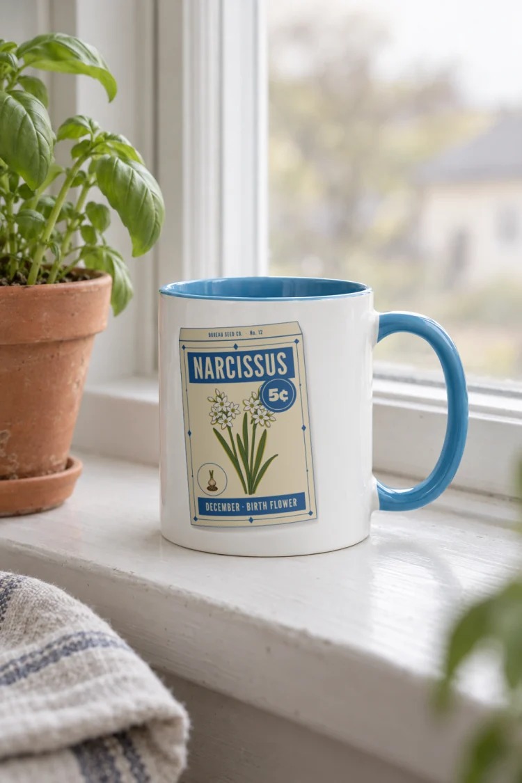 AI-generated image of the December Narcissus Birth Flower Mug in Blue inside in a styled setting.