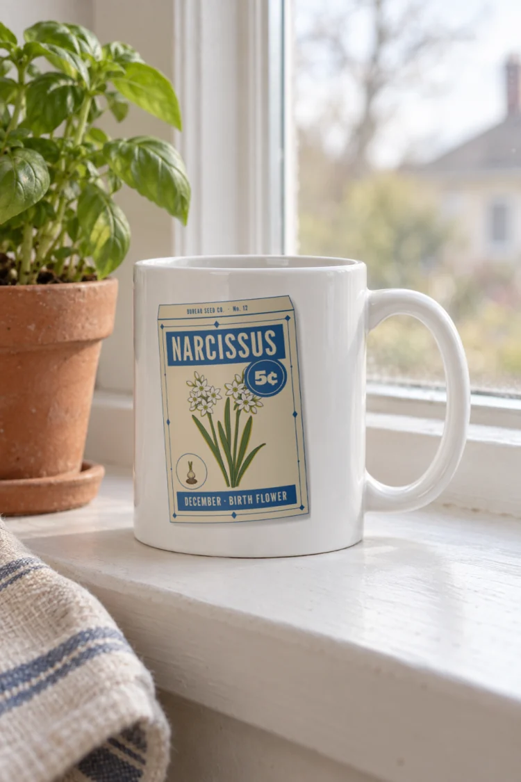 AI-generated image of the December Narcissus Birth Flower Mug in White in a styled setting.