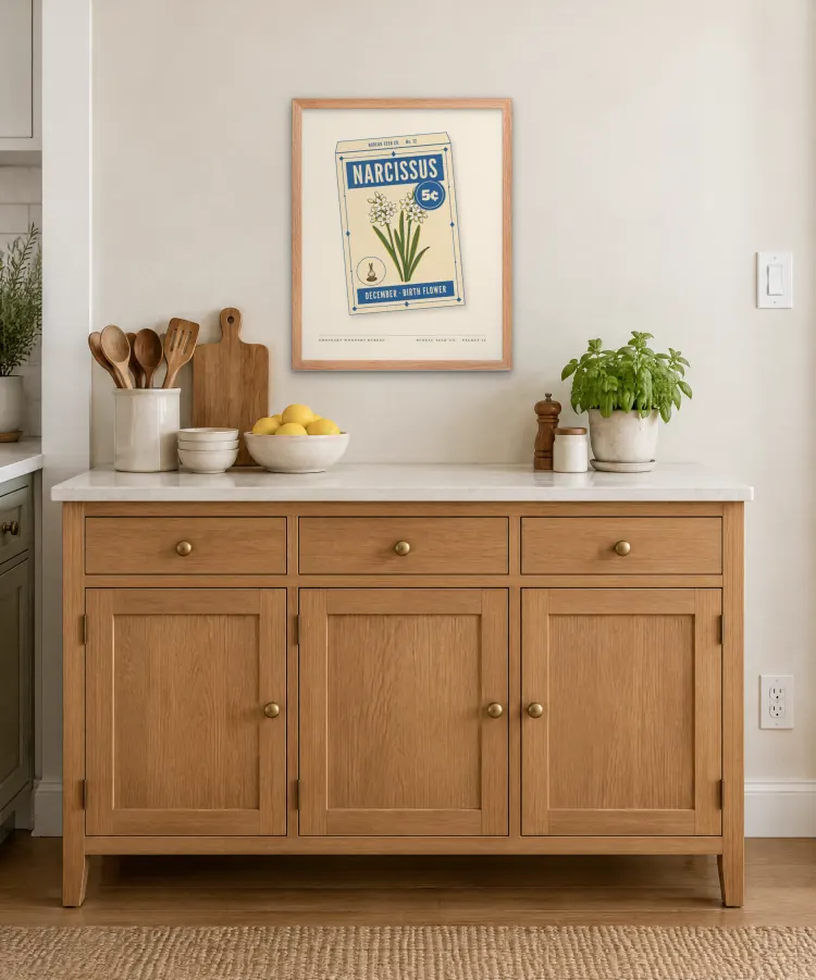 The December Narcissus Birth Flower Framed Print in Red Oak. This room is an AI-generated scene. The frame and the print in it are the real product: the frame is the maker's own render and the print is the actual art file.