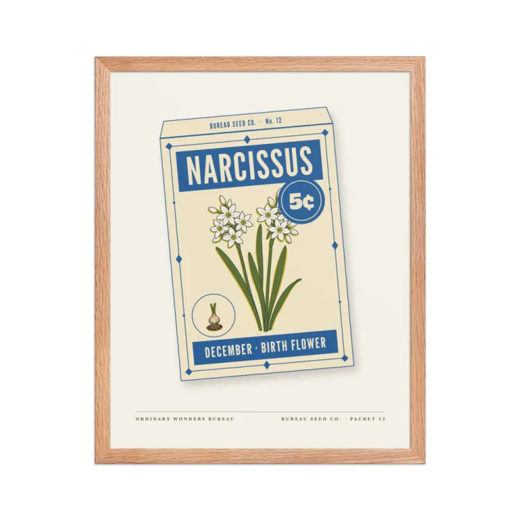 The December Narcissus Birth Flower Framed Print in Red Oak.