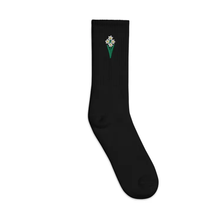 The December Narcissus Birth Flower Socks in Black.