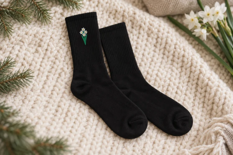 AI-generated image of the December Narcissus Birth Flower Socks in Black, folded on a table, its embroidery facing up.