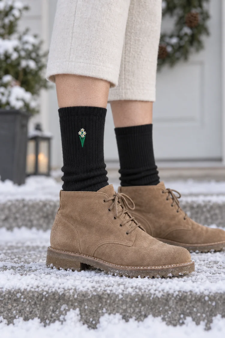 AI-generated image of the December Narcissus Birth Flower Socks in Black, worn with a snowy front porch step with a pine.