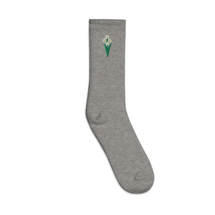 The December Narcissus Birth Flower Socks in Heather Grey.