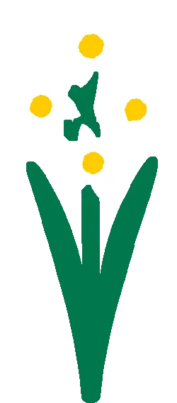 Embroidery artwork: four white star-shaped paperwhite flowers, each with a small round gold cup, clustered at the top of a straight dark green stem between two long narrow leaves, in flat solid colour with no outline.
