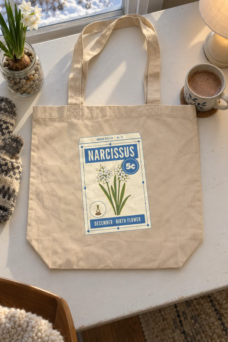 AI-generated image of the December Narcissus Birth Flower Tote in Oyster on a table with everyday things around it.