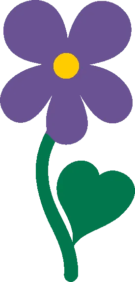 Embroidery artwork: a purple violet seen face-on, five rounded petals around a small round gold centre, on a curving dark green stem with one heart-shaped dark green leaf, in flat solid colour with no outline.
