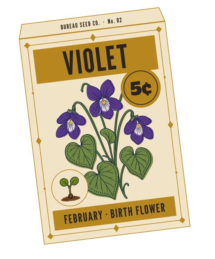 Print artwork: a cream paper seed packet at a slight tilt, with a thin mustard border set with diamonds and dots, and BUREAU SEED CO. · No. 02 on its flap. VIOLET is printed dark on a mustard band at the top, beside a round mustard seal reading 5¢. On the packet: three purple violets with white and yellow centres, nodding on thin stems over a clump of heart-shaped green leaves. In a small round frame at the lower left, a seedling with two round leaves. The bottom band reads FEBRUARY · BIRTH FLOWER.